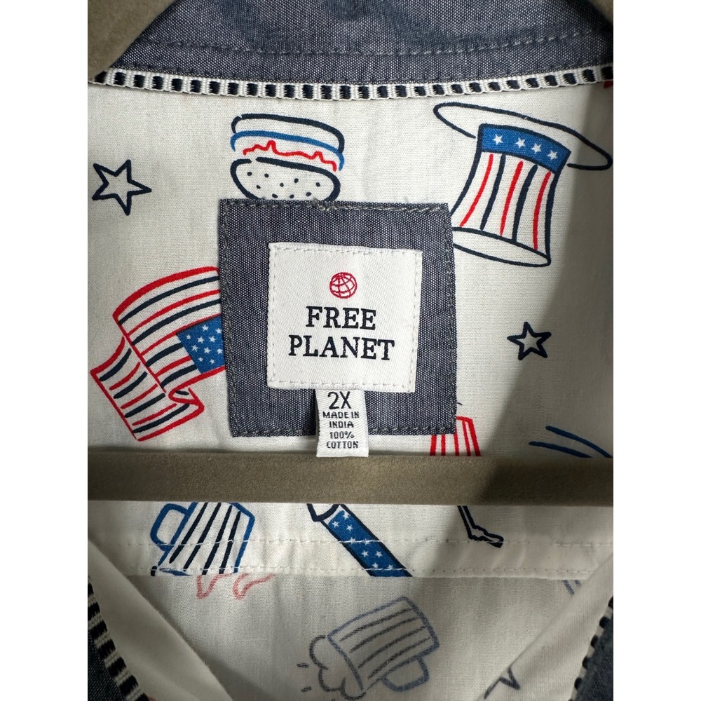 Free Planet Mens 2X White Patriotic BBQ Fireworks Button‎ Up Shirt - Picture 2 of 14